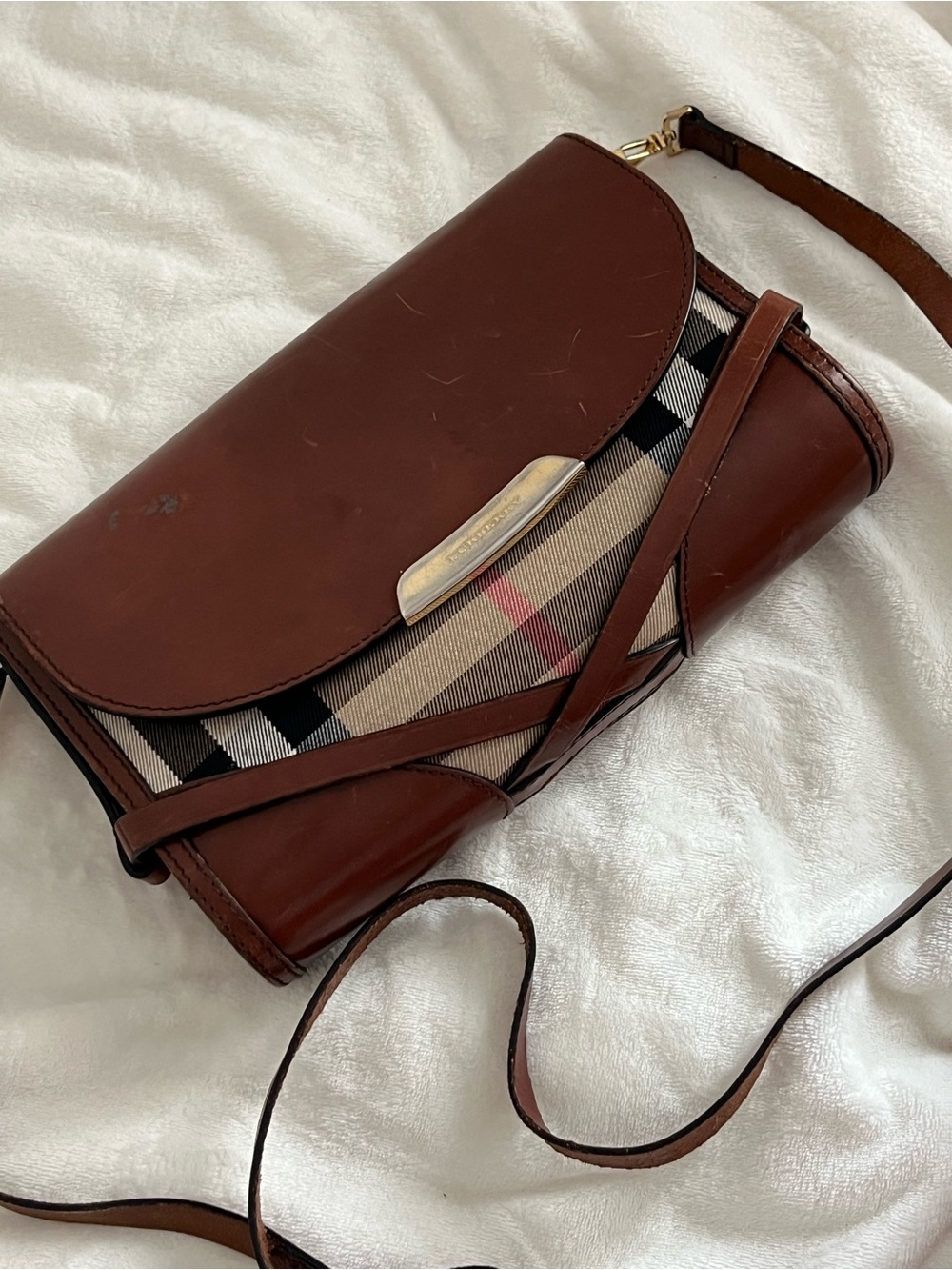 Burberry Brown Leather and Vintage Check Crossbody Bag
